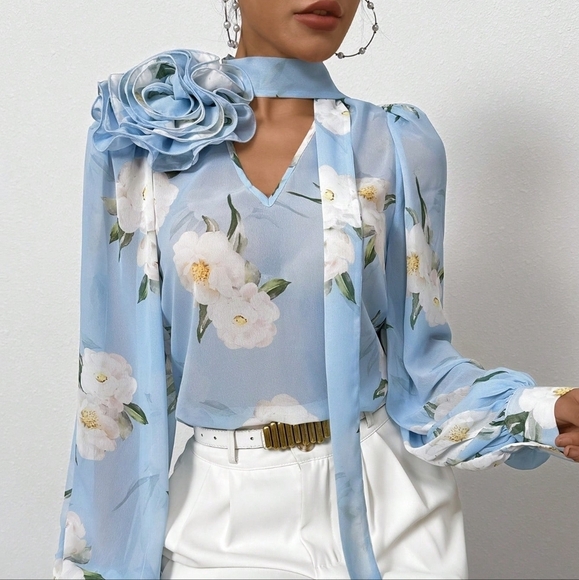 Tops - Stand Collar Blouse With 3d Flower Decor, Self Tie Neck And Flower Print